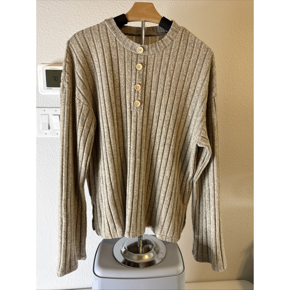 Women's Henley Ribbed Sweater Super Soft Gray Size L